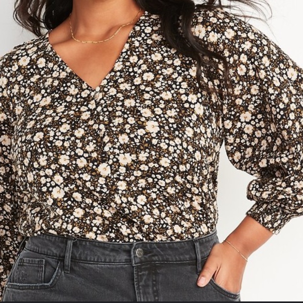 OLD NAVY Black Floral‎ V-Neck Puff Sleeve Boho Cottagecore Poet Blouse XL